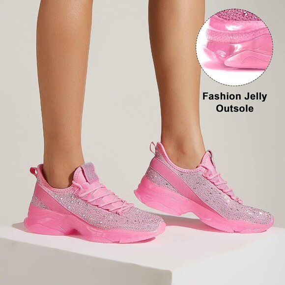 Women's Rhinestone Mesh Slip On Walking Breathable Pink Glitter Sneaker Shoes - Picture 6 of 6